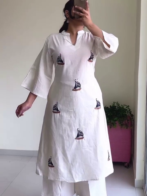 🤍 Ivory Sailboat Embroidered Kurta & Palazzo Set