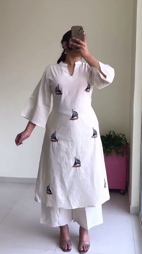 🤍 Ivory Sailboat Embroidered Kurta & Palazzo Set