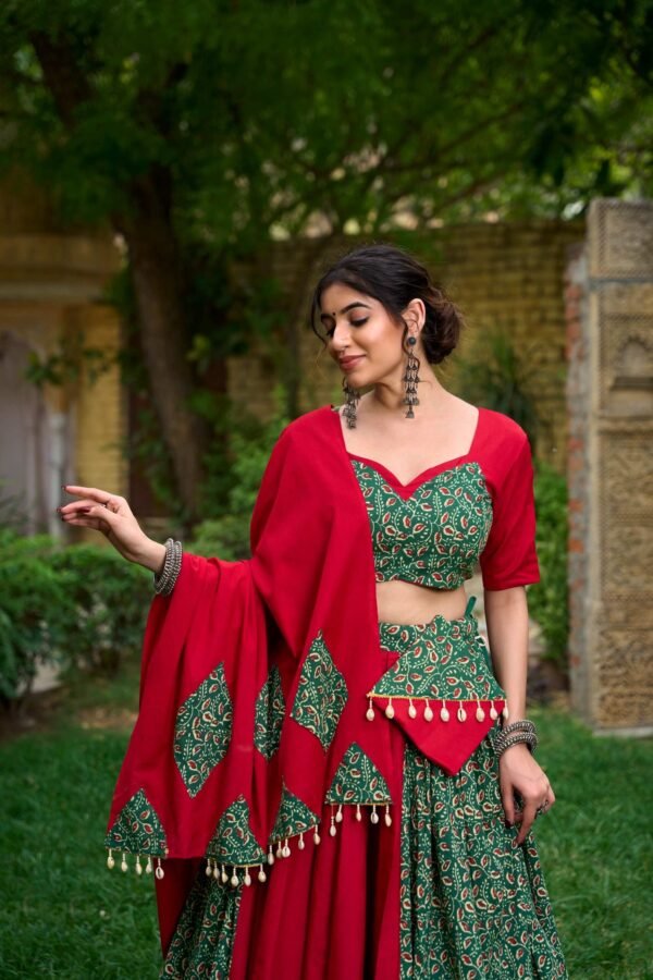 Green Color Cotton Navratri Lehenga Choli Set