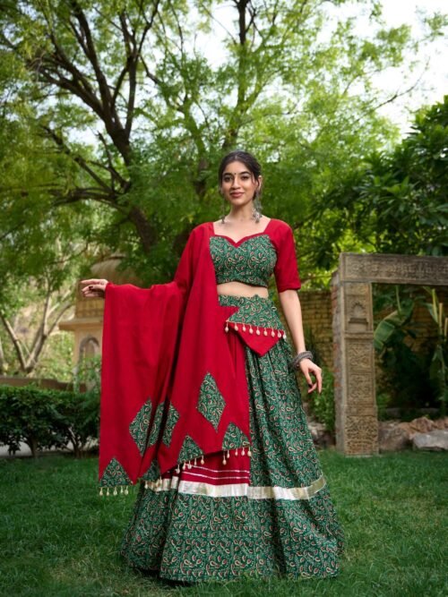 Green Color Cotton Navratri Lehenga Choli Set
