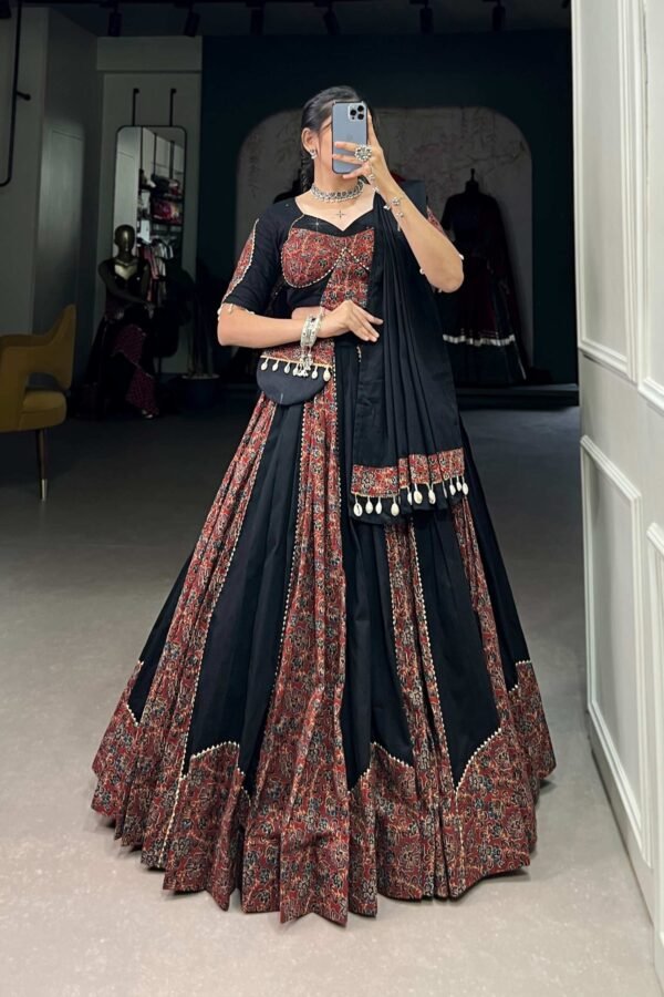 Black Cotton Chaniya Choli Set with Gota Patti and Printed Work Traditional Lehenga