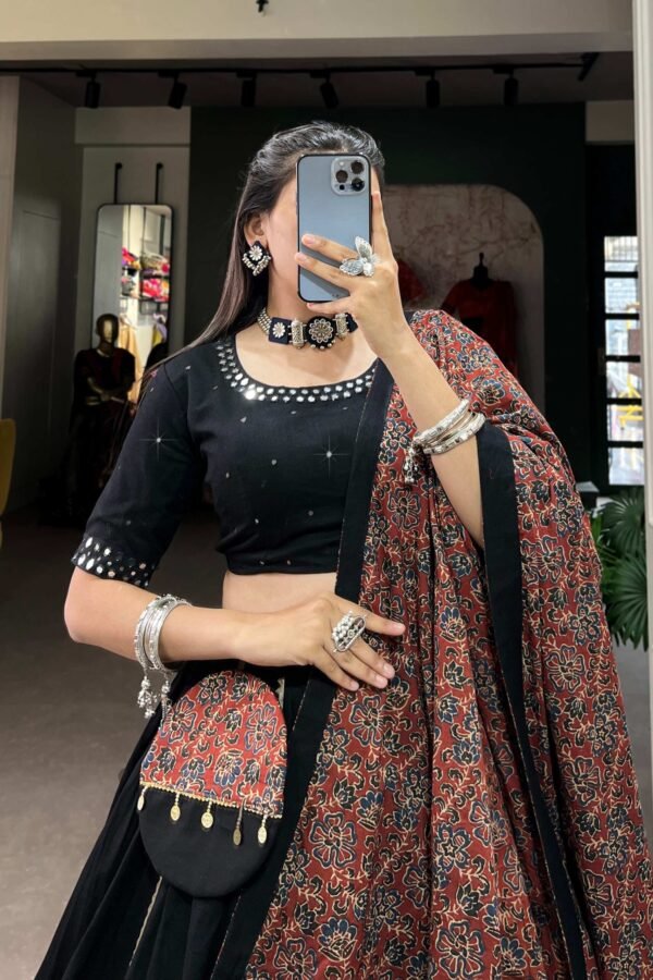 Black Cotton Traditional Lehenga Choli Set with Gota Patti Work