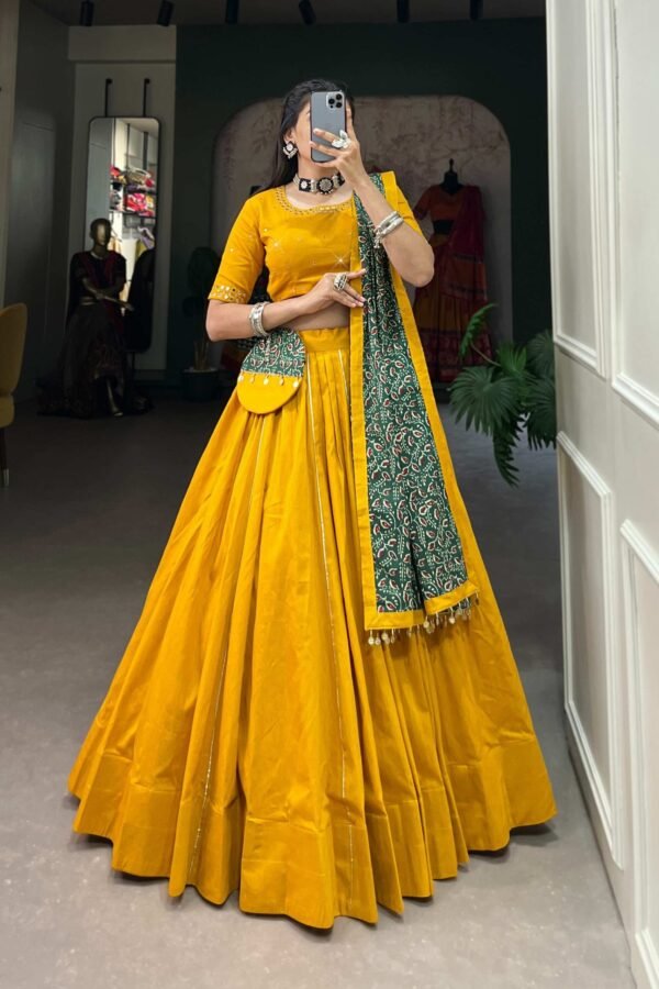 Mustard Color Plain With Gota Patti Cotton Lehenga Choli by Suratikart