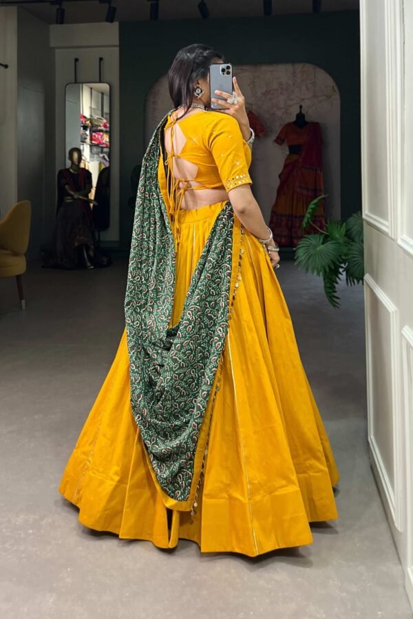 Mustard Color Plain With Gota Patti Cotton Lehenga Choli by Suratikart