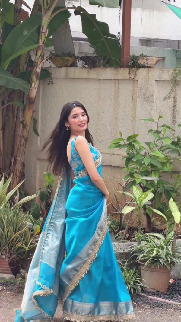 Elegant Teal Blue Saree with Golden Border