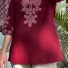 Elegant Wine Red Blossom Cotton Top with Floral & Bird Embroidery