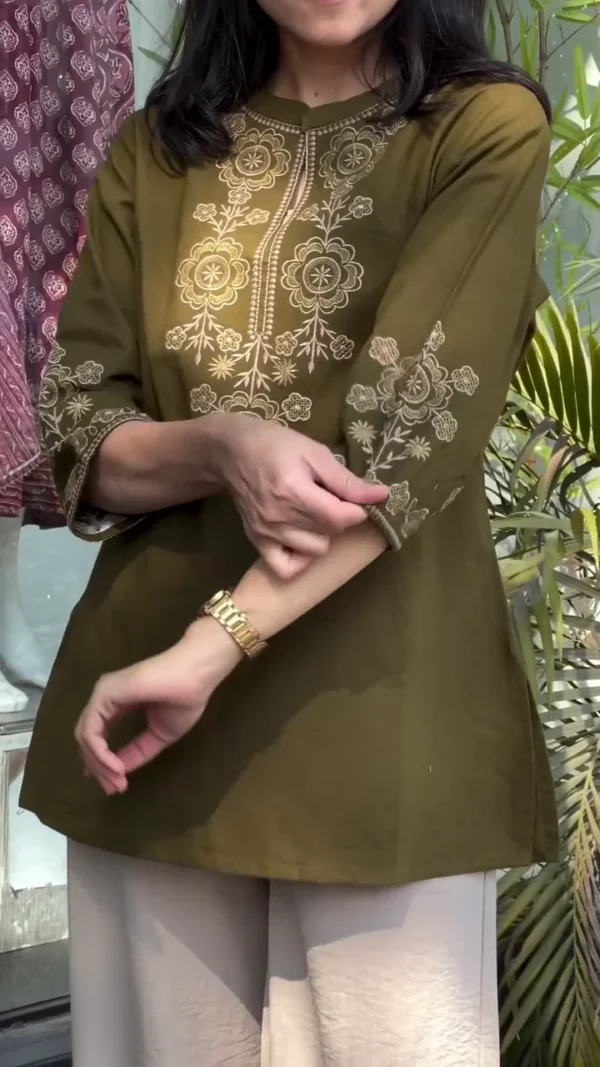 Elegant Wine Red Blossom Cotton Top with Floral & Bird Embroidery