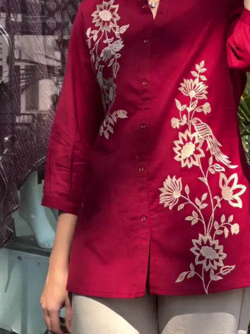 Elegant Wine Red Blossom Cotton Top with Floral & Bird Embroidery