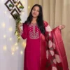 Elegant Pink A-Line Kurta Set with Floral Embroidery & Dupatta