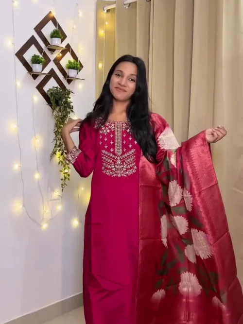 Elegant Pink A-Line Kurta Set with Floral Embroidery & Dupatta