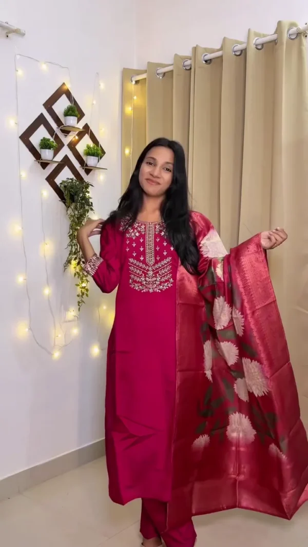 Elegant Pink A-Line Kurta Set with Floral Embroidery & Dupatta