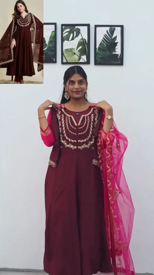 Royal Rust Orange Naixa Vichitra Silk Flared Kurta Set with Dupatta