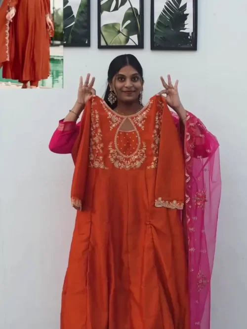 Royal Rust Orange Naixa Vichitra Silk Flared Kurta Set with Dupatta