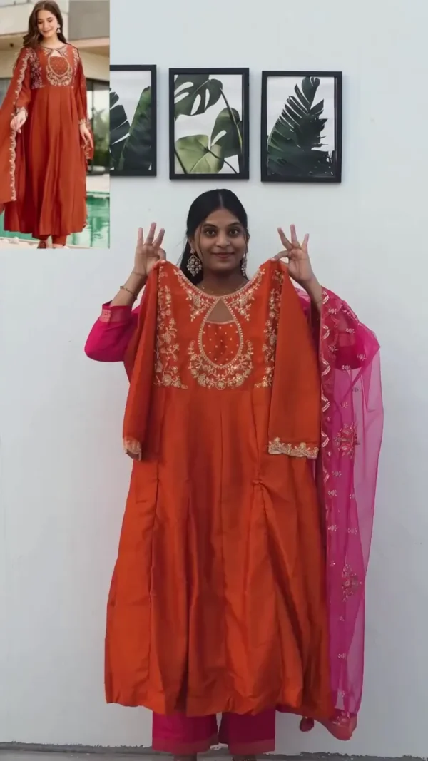 Royal Rust Orange Naixa Vichitra Silk Flared Kurta Set with Dupatta