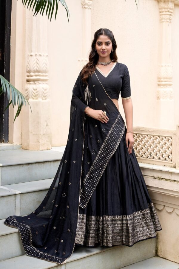 Black Chanderi Silk Lehenga Choli Set