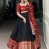 Suratikart Black Pure Chanderi Lehenga Set with Zari Weaving Work Border and Bandhej Print Dupatta