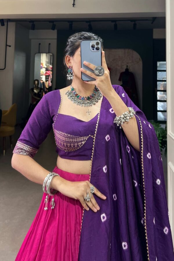 Lovely Pink Chanderi Lehenga with Zari Weaving Work and Bandhej Print Dupatta