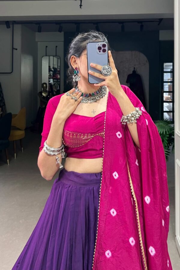 Purple Color Pure Chanderi Lehenga Set with Zari Weaving and Bandhej Print Dupatta