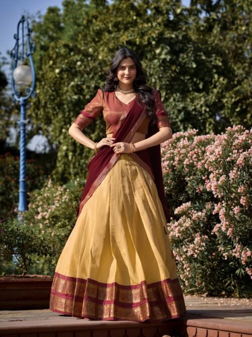 Cream Color Zari Weaving Work Kanchipuram Lehenga Choli