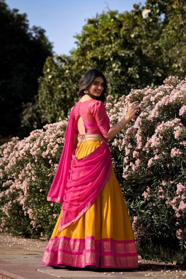 Mustard Color Zari Weaving Work Kanchipuram South Indian Lehenga Choli