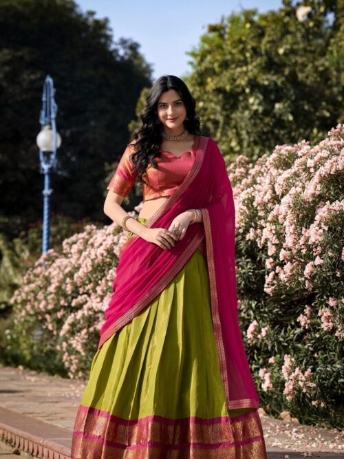 Parrot Green Color Zari Weaving Work Kanchipuram South Culture Lehenga Choli