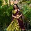 Olive Green South Style Poly Cotton Half Saree Lehenga with Georgette Dupatta