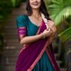 Teal Color South Style Poly Cotton Half Saree Set