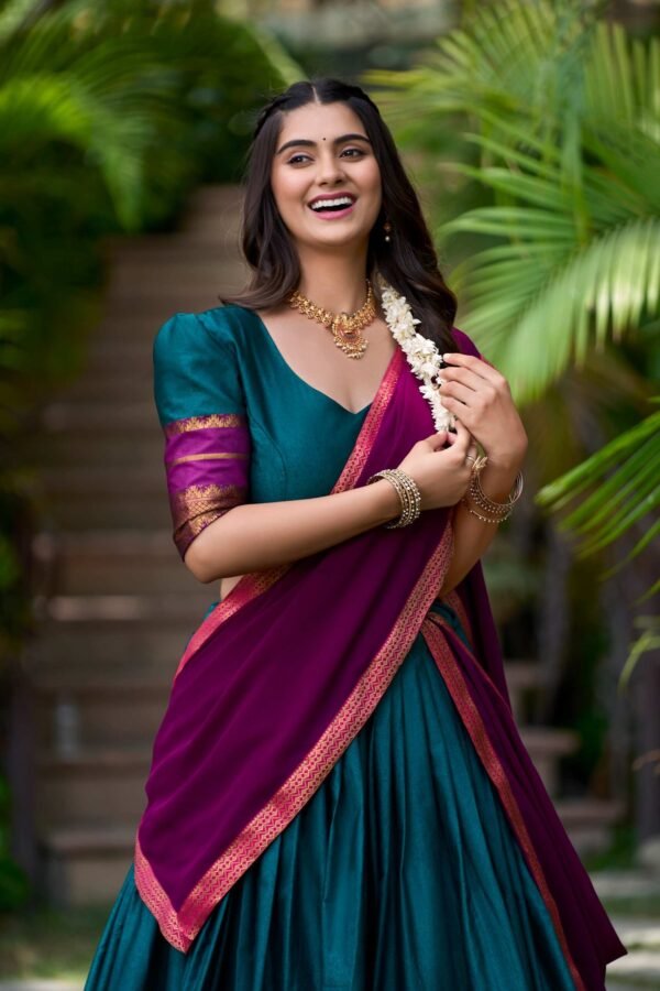 Teal Color South Style Poly Cotton Half Saree Set