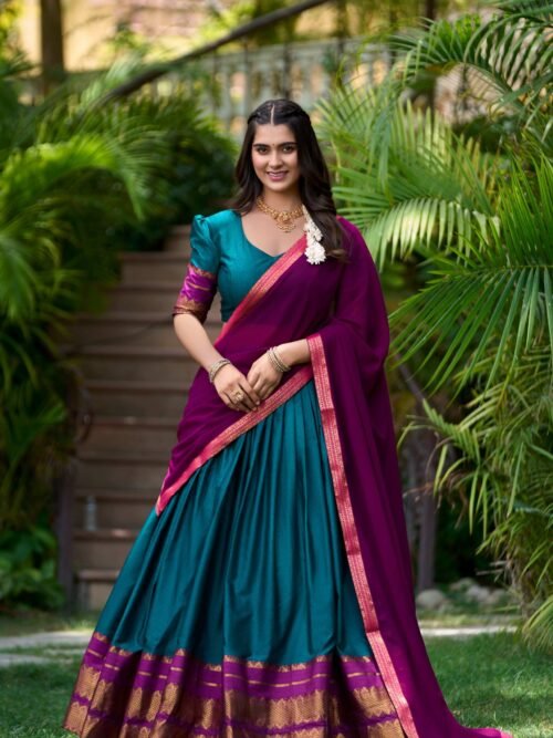 Teal Color South Style Poly Cotton Half Saree Set