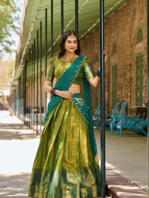 Green Color Zari Weaving Work Kanjivaram Wedding Lehenga Choli