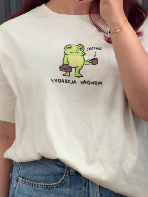 🐸 Off-White Graphic Cotton T-Shirt – “Monday Already?” Frog Print