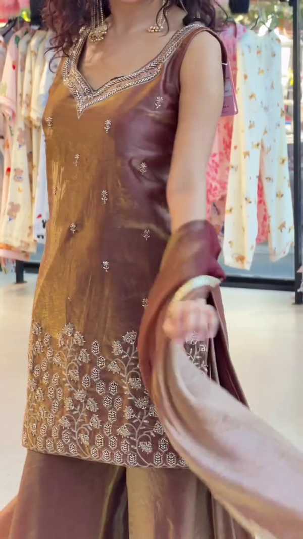 🤎 Chocolate Brown Embroidered Kurta Set with Palazzo & Dupatta