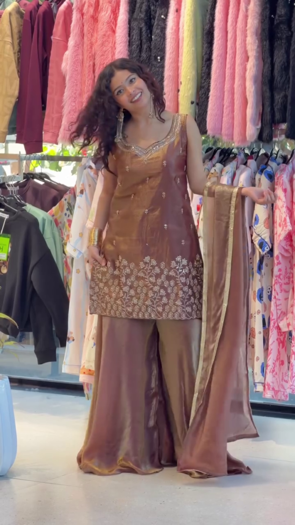 🤎 Chocolate Brown Embroidered Kurta Set with Palazzo & Dupatta