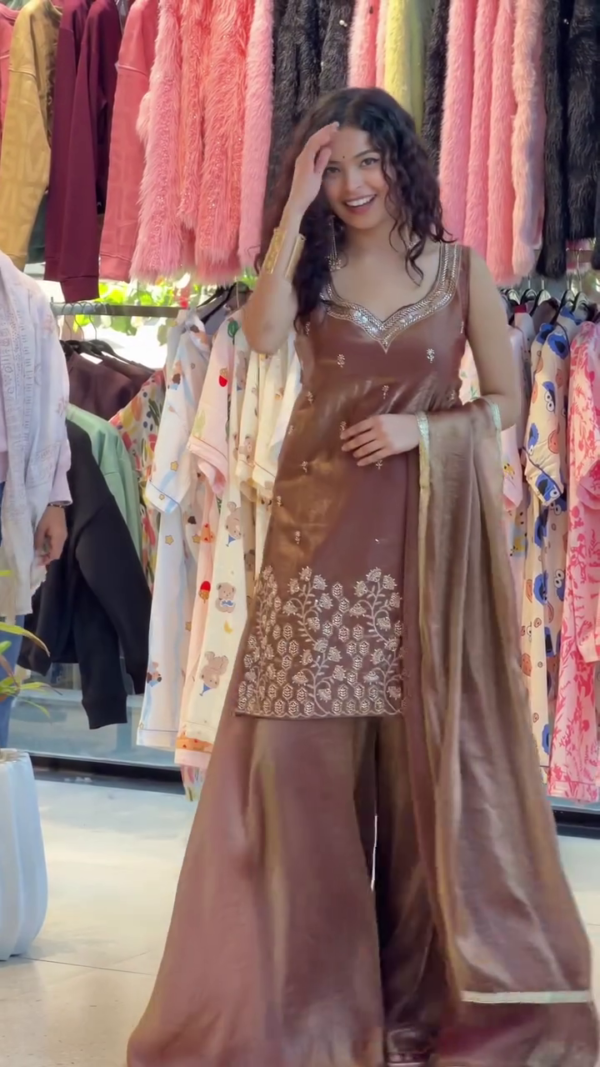 🤎 Chocolate Brown Embroidered Kurta Set with Palazzo & Dupatta