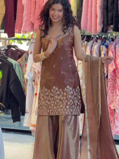 🤎 Chocolate Brown Embroidered Kurta Set with Palazzo & Dupatta