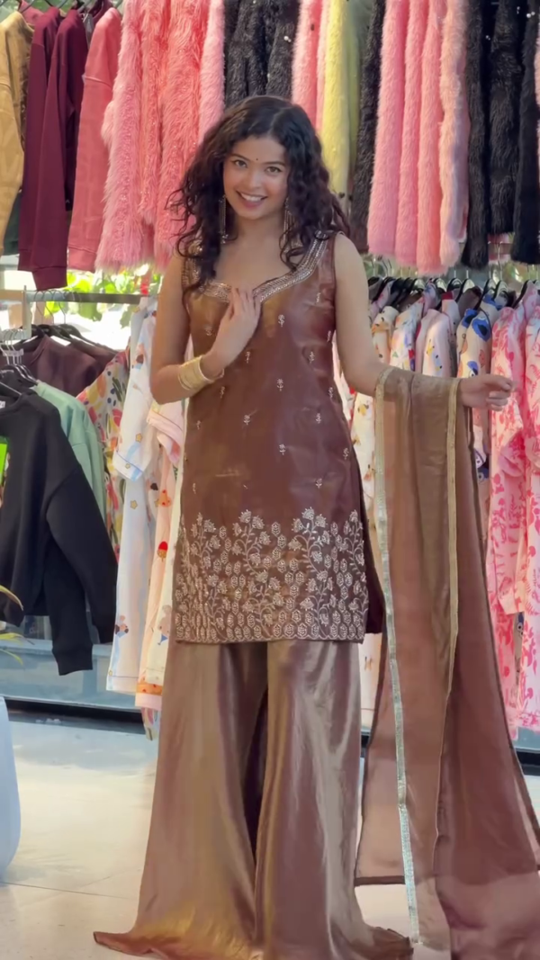 🤎 Chocolate Brown Embroidered Kurta Set with Palazzo & Dupatta