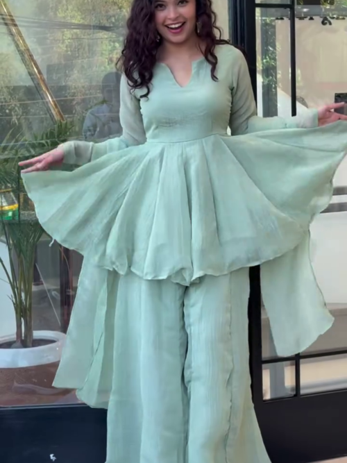 Mint Green Peplum Kurta Set with Palazzo Pants