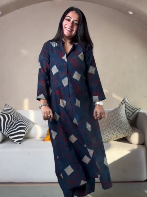 Navy Blue Geometric Printed Straight Kurta Dress