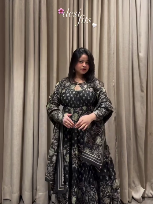 🖤 Black Printed Cotton Anarkali Kurta Set with Dupatta