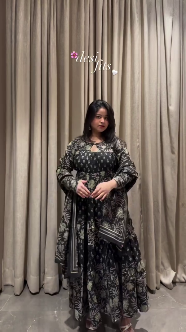 🖤 Black Printed Cotton Anarkali Kurta Set with Dupatta