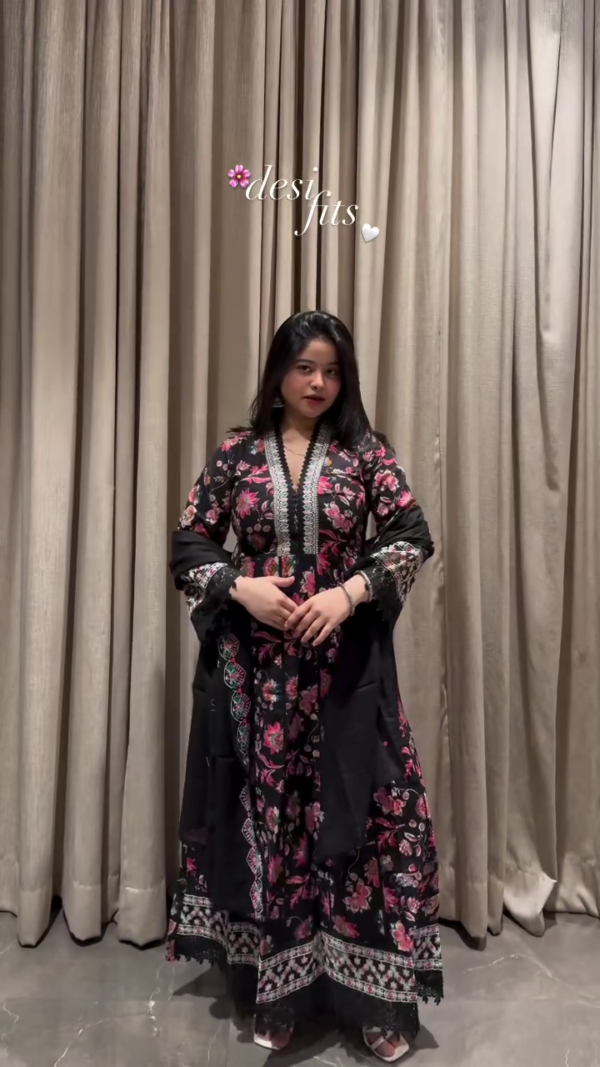 🖤 Black Printed Cotton Anarkali Kurta Set with Dupatta