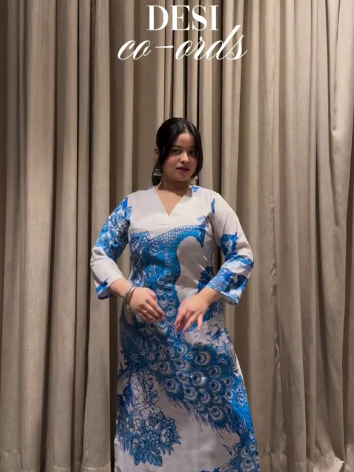 💙 Blue & White Peacock-Printed Indo Era Cotton Blend Kurta Set