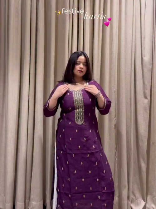 💜 Purple Embroidered Straight Kurta Set for Women