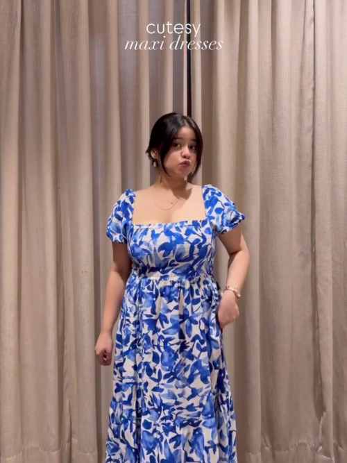 💙 Blue & White Floral Print Maxi Dress with Square Neck & Puff Sleeves