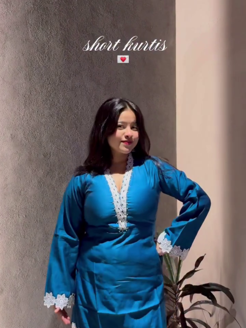 💙 Blue Solid Silk Blend Straight Short Kurti