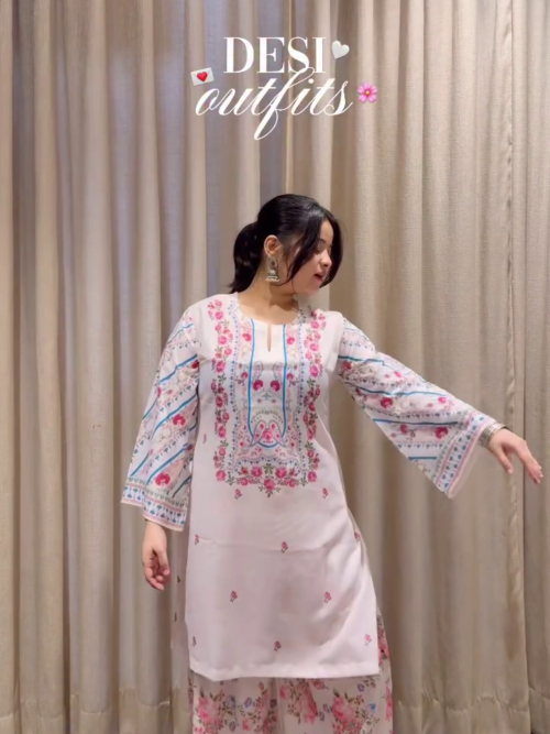 🌸 White Cotton Co-Ord Set with Pink Floral Print & Farsi Pants