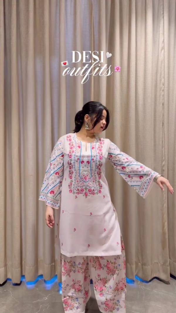 🌸 White Cotton Co-Ord Set with Pink Floral Print & Farsi Pants