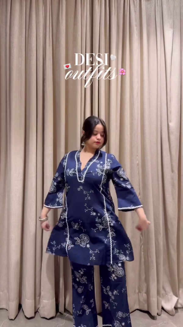 🌸 White Cotton Co-Ord Set with Pink Floral Print & Farsi Pants