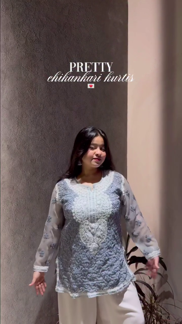 🌫️ Grey Georgette Chikankari Short Kurti