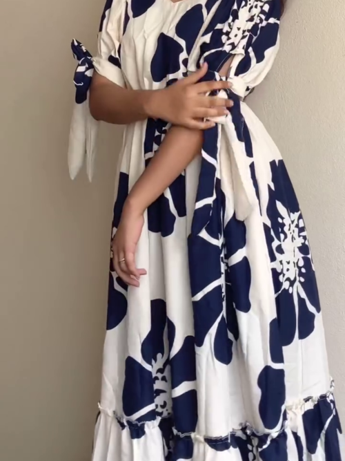 Blue & White Printed Maxi Dress